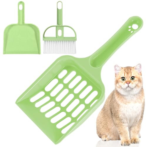 Zeuwets Katzenstreu Schaufel, 2 Pcs Katzenstreuschaufel Kunststoff, Katzenstreu Scooper, Katzenklo Schaufel mit Langem Griff & Besenset, Plastikstreuschaufel Cat Litter Scoop für Haustier Katzen Hunde