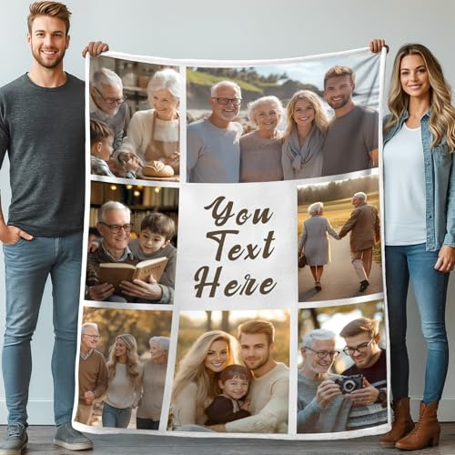 Stepdiy Decke Personalisiert mit 7 Fotos 130x150cm, Fotodecke mit Eigenem Foto für Mama Papa Oma, Decke mit Bilder und Text für Personalisierte Geschenke