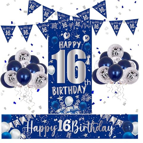 16th Birthday Decorations Boys Girls Blue and Silver Happy 16th Birthday Banner 16th Birthday Balloons Happy Birthday Backdrop Door Banner Triangle Flags Confetti Balloons 16th Party Decorations