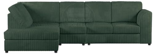Furnishings For Less UK New Luxor Long Fabric Corner Sofa | Soft Jumbo Cord 4-5 Seater Corner Sofa Left hand or Right Hand (Green, Left Hand Facing - Fullback)