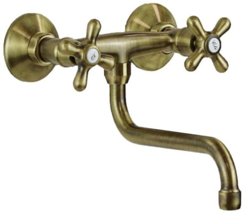 Schläfer 3460117 | Robinet mural de cuisine pour évier, lave-linge et lavabo de salle de bain mural avec 2 poignées antiques, Canon pivotant universel en S 200mm - Robinet poignées Vintage Bronze