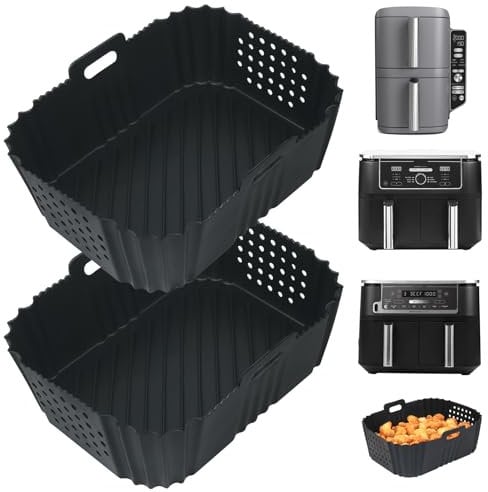 YQL 2PCS Silicone Air Fryer Liners Perforated, Specially Designed for Ninja Double Stack XL 9.5L Airfryer SL400UK/ SL400UKCP, Reusable Air Fryer Accessories, Silicone Trays for Dual Basket 9.5L & Oven