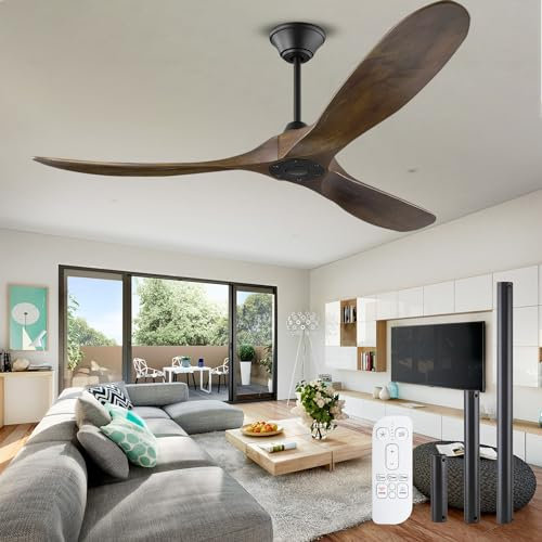 XSGDMN Ventilador de techo de madera sin luz/Función verano-invierno/Temporizador 1/4/8h / 6 velocidades/Ventilador de techo de bajo consumo para interiores y exteriores, Ø152 cm (60 pulgadas)