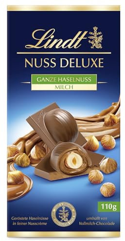 Lindt Schokolade NUSS DELUXE Vollmilch Haselnuss| 110g Tafel | Geröstete Haselnüsse in feiner Nusscrème umhüllt von feinschmelzender Vollmilch-Schokolade | Schokoladentafel | Schokoladengeschenk