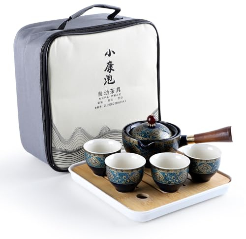 Keramik Portable Travel Tee Set, Chinesisches Kongfu Tee Set mit 360-Rotation Teekanne, Gold Blumen Muster, 4 Tassen, Teekanne und Tee Tablett mit Reisetasche, Tragbare All-in-One-Geschenktüte