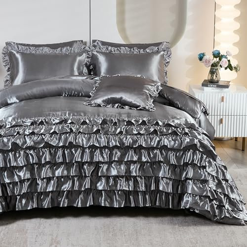 MOVE OVER Graues Rüschen-Bettwäsche-Set für Doppelbett, 6-teilig, Satin-Bett in einer Tasche für Mädchen und Teenager, seidenähnliches Grau, luxuriöses und weiches Wasserfall-Rüschen-Bettwäsche-Set