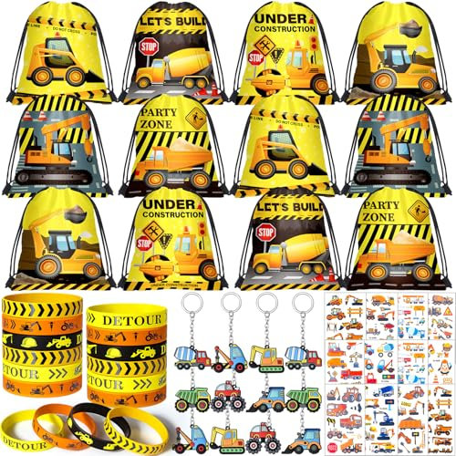 Baustelle Mitgebsel Kindergeburtstag Gastgeschenke BAU Kordelzugbeutel Geschenktüten Schlüsselanhänger Armband Bagger Sticker Give Aways Pinata Füllung Construction Party Geburtstag Mitbringsel Junge