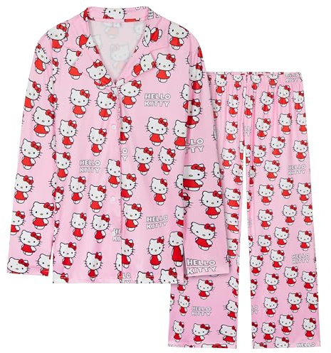 Hello Kitty Pigiama Lungo Donna, Classico Bottone Basso Abbigliamento da Notte (Rosa, L)