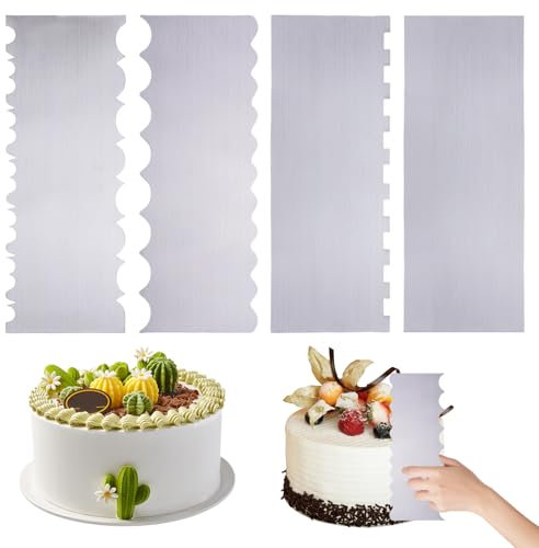 BORDEAG 4 Stück Kuchenschaber aus Edelstahl, Tortenspachtel, Tortenschaber, Gezackte Kanten, Glatt und Gestreifte Seite, für Buttercreme Küche Backen DIY