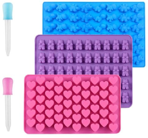 3 Pack Silicone Chocolate Molds, Reusable Candy & Ice Cube Trays, Mini Dinosaur, Hearts, Bear Shapes with Droppers