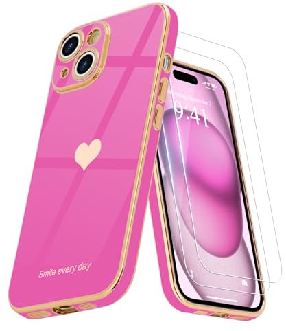 Teageo Coque pour iPhone 15 Plus en Silicone Galvanisé Or Ultra Mince avec Motif Coeur d'amour Mignon Housse Étui de Protection Complète du Corps Antichoc pour iPhone 15 Plus, Rose Pink