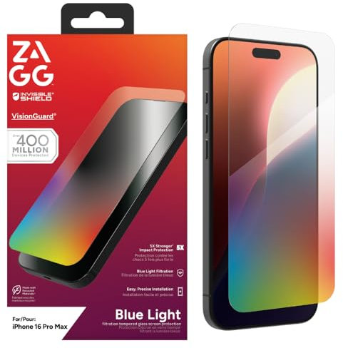 ZAGG InvisibleShield Glass Elite VisionGuard, Displayschutz aus gehärtetem Glas für iPhone 16 Pro Max [6.9-Inch], kratzfest, Blaulichtfilter, schmutzabweisend, stossfest (Transparent)