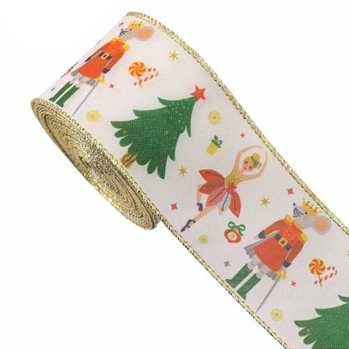 Christmas Nutcracker Wired Edge Ribbon, 5 Yards Xmas Craft Fabric Roll for Gift Hair Bow Sewing Crafts Supplies, 2.5 inch Width (White & Green)