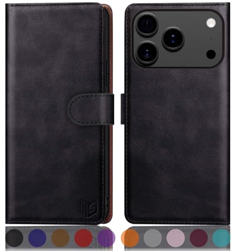 SUANPOT [RFID Schutz für iPhone 17 Pro 6.3 Hülle PU Leder Handyhülle Lederhülle Klapphülle Kartenfach Flip Cover für Apple 17 Pro Handy hülle Leather Wallet Phone Case Schwarz