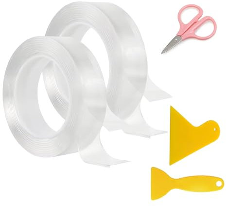 2 Stück Doppelseitiges Klebeband Extra Stark, Rollen Double Sided Tape mit Kunststoff Spachtel Set und Schere, Nano Tape Spurloses, Double Sided Tape Transparent für Küche Zuhause Auto (3 * 500CM)