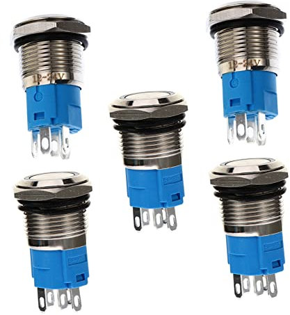 SOLUSTRE 5er Set 16mm Druckschalter IP67 Wasserdicht LED Selbstsperrender Schalter 12V Runde Form Blauer Lichtsignal Ideal Für DIY Projekte Und Anwendungen
