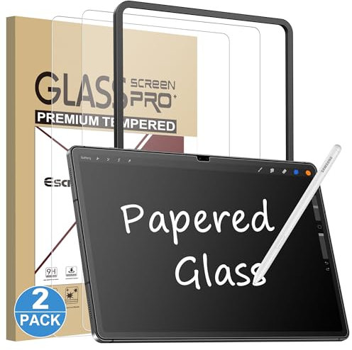 Esanik 2 Pack Like Paper Glass Screen Protector for Samsung Galaxy Tab S10 Plus / S9 Plus/Tab S9 FE+ (12.4 inch) 9H Tempered Glass Film with Alignment Frame, Writing Like on Paper, Anti Glare