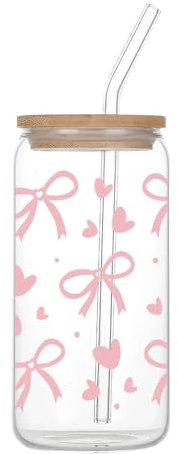 Onperpoe Rosa Schleife Glas mit Deckel und Strohhalm Ästhetisch Trinkgläser in Dosenform Kaffeetasse Iced Coffee Glas Cocktailgläse Kleine Geschenke für Frauen Mädchen Freunde (500ml)