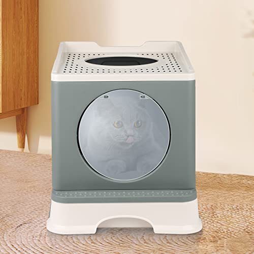 Bac à litière Pliable pour ChatEntrée Avant et Sortie supérieure,rès Grand Espace,Maison de Toilette pour Chats avec bacs Amovibles + Pelle à litière48*39 * 34 cm-Gris