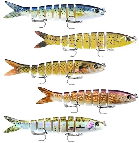 Fhioevt 5 Stück Angelköder Kunstköder Wobbler Hecht für Forelle Zander Barsch Mehrgelenkige Schwimmköder mit Drillingshaken 13.3 cm Swimbait lebensechter Angel köder mit Box für Süß und Salzwasser