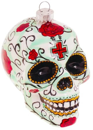 Krebs Glas Lauscha - Weihnachtsdekoration/Christbaumschmuck aus Glas - Weihnachtsbaumanhänger - Motiv: Totenkopf mit Blumen - Größe: ca. 10 cm