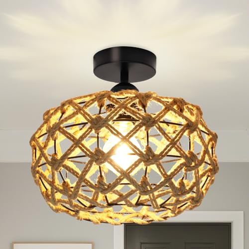 Runde Retro Deckenleuchte aus Rattan 30CM,Handgeflochtene Hanfseil Deckenlampe im Boho Stil,E27 Fassung,Kleine Deckenlampe für Wohnzimmer Flur Schlafzimmer Küche Esszimmer Büro,Rustikale Vintage Lampe