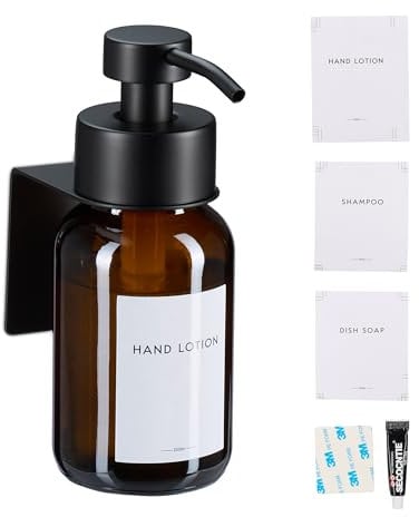 Relaxdays Seifenspender, 1er Pack, 250ml, Braunglas, Edelstahl, Wandseifenspender zum Kleben, ohne Bohren, braun/schwarz