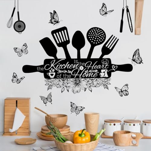 WandSticker4U®- Wandtattoo Küche Sprüche HERZ DES ZUHAUSES schwarz (54x37 cm) I Wandsticker Küche selbstklebend Blumen Schmetterlinge Utensilien I Wandaufkleber Wanddeko