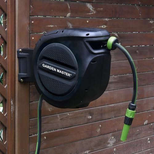 GARDEN MASTER Retractable Auto Reel Wall Mounted Hose | Easy to Install | Auto-Rewind | Spray Nozzle | 2m Wall Mounted | 180° Swivel Bracket | Any Length Lock | Black & Green (30m)