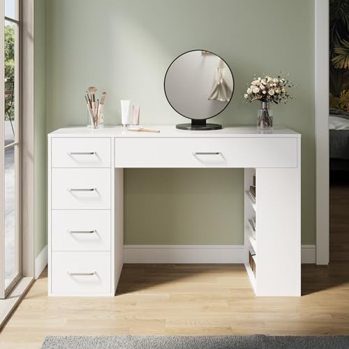 ZANOFIRA Dressing Table with 1 Large Drawer with Partition Storage, 4 side Drawers, and 3 Shelves, White Makeup Vanity Desk for Women Girls Bedroom Furniture, 120W x 40D x 77Hcm