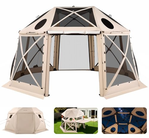 VEVOR Tendone Pieghevole Gazebo da Giardino a 13 Lati da 4,57 x 4,57 m con Parte Superiore Rimovibile e Borsa per il Trasporto, Montaggio Rapido, Riparo dal Sole per 12-15 Persone, Beige