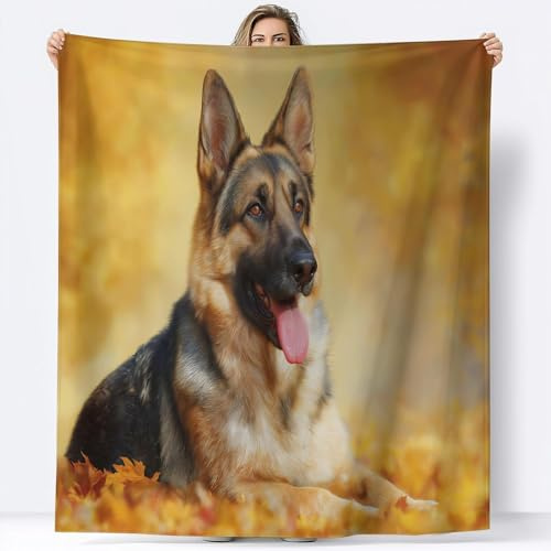 Flanell Kuscheldecke 200x220 cm Deutscher Schäferhund Decke Flauschig Herbst Wohndecken Fleecedecken Weiche Warme Decken für Sofa, Couch und Bett a-0327