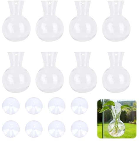 Penitue 8pcs Window Propagation Station, Plastic Bulb-Shaped Plant Propagation Vases with Suction Cups Easy to Install Wall Hanging Planters Window Plant Holder for Indoor Office Home Decor (Clear)