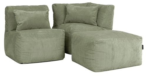 Icon Noa Cord Sitzsack Sofa mit Füllung, 3 Sitzer Modular Sofa, Grün | In Deutschland Hergestellt, Boneless Sofa, Weicher Cordstoff, Sitzsack Cord Sofa für Wohnzimmer und Schlafzimmer