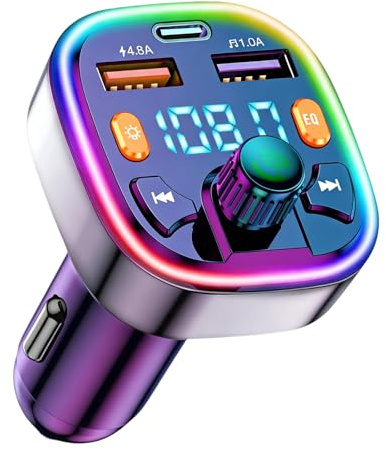 Bluetooth Car Adapter, PD20W Q5 FM Wireless Bluetooth Transmitter | Fast Charger, Dual USB Ports (4.8A & 1A), Hands-Free Calling, USB Flash Drive, for Phone & Android[Light Switch]