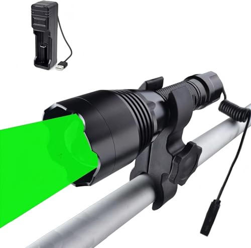 BESTSUN Green Light Torch, Super Bright 10000 Lumen Hunting Torch, Rechargeable Green LED Flashlight, Long Range 800 Meters Zoomable Tactical Flash Light with Pressure Switch and USB Charger