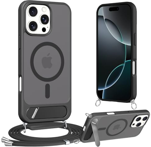 Jrkvniv Magnetische Handyband für iPhone 16 Pro 6,3 Hülle mit Band [Integrierter Ständer] Stoßfest Matt Transluzente Schutzhülle Necklace Handyhülle mit Kordel zum Umhängen für iPhone 16 Pro, Schwarz