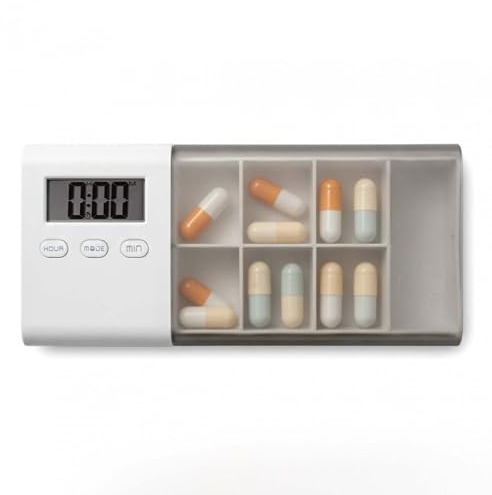 Pilulier Hebdomadaire avec 7 Compartiments et 5 Réveil,Pop UP Pilulier Intelligent Pilulier Portable avec Affichage LCD pour Voyage Médicaments,Vitamines,Comprimés,Capsule,Suppléments Gris