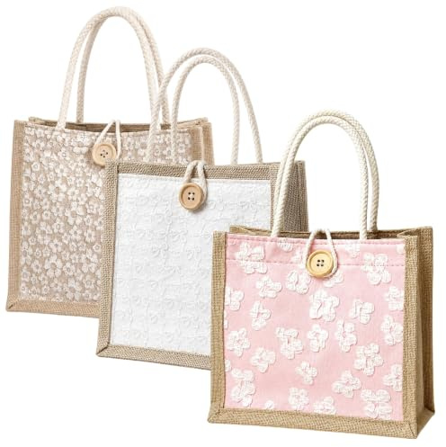 PjuQow 3 Stück Jutetasche, 3er Set Korbtasche in Weiß mit Blumenmuster und Pink, strapazierfähige Jute Tasche, personalisierbarer Jutebeutel, Jute Shopper für Einkäufe