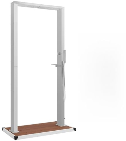 Runheo Doccia da giardino con piastra di base in WPC e acciaio inox, pannello doccia per piscina e vasca idromassaggio, con 2 cascate, getti massaggianti, doccetta da 210 cm di altezza, facile