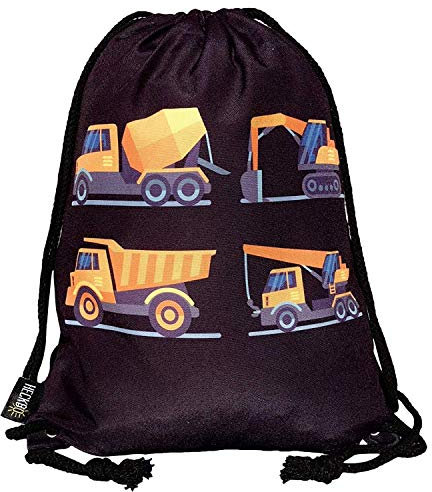 HECKBO Kinder Turnbeutel 4 Baufahrzeugen Bagger - 40x32cm - Sportkleidung Trinkflasche - Kindergarten, Schule, Stoffbeutel Kita - Rucksack, Tasche, Sportrucksack, Sportbeutel Junge Mädchen