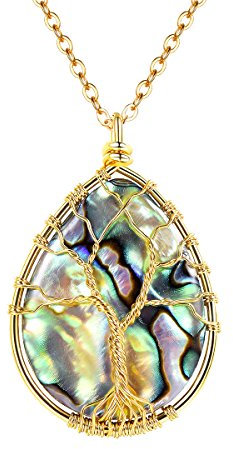 FOCALOOK Bijou Femme Plaqué Or Collier Arbre de Vie Chaîne Pendentif Goutte d'eau avec Coquillage Coloré Joyau Fille