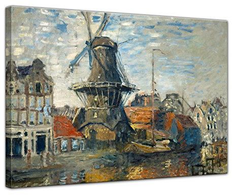 Bilderdepot24 Bild auf Leinwand | Claude Monet - Windmühle am Onbekende Kanal, Amsterdam in 50x40 cm als Wandbild | Wand-deko Dekoration Wohnung alte Meister | NEU-180214-50x40-waoka