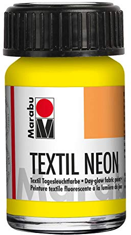 Marabu 17110039321 - Textil Neon gelb 15 ml, fluoreszierende, intensive Tageslichtfarbe, Wasserbasis, geruchsneutral, speichelecht, weicher Griff, leuchtet im Schwarzlicht, für helle Textilien
