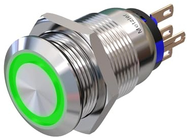 Metzler - Drucktaster 19mm - LED Ringbeleuchtung 230 V Grün - IP67 IK10 - Edelstahl - Flach - Lötkontakte