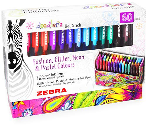 ZEBRA Doodler'z Gelschreiber, 1,0 mm, trendige Farben, Glitzer, Neon, Pastell, 60 Stück