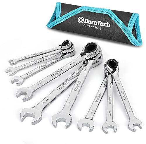 DURATECH Juego de llaves combinadas de trinquete reversibles de 9 piezas, juego de llaves combinadas de cabeza fija con estuche enrollable, 8-19 mm, Cr-V