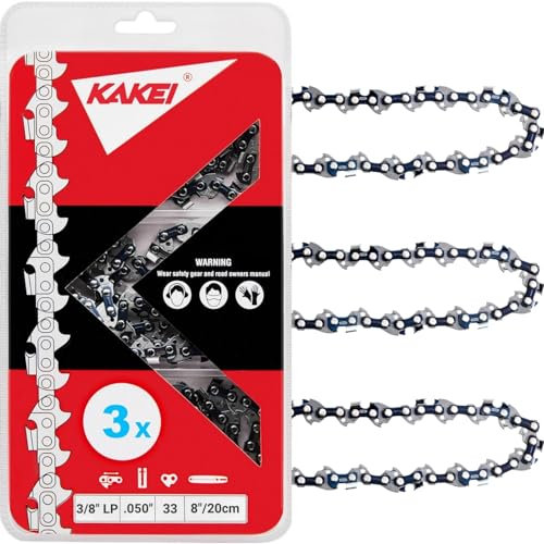 KAKEI 8 Inch Chainsaw Chain 3/8 LP Pitch .050 Gauge 33 Drive Links Fits Portland, Greenworks, Kobalt, Remington, Sun Joe and More- S33 (3 Chains)