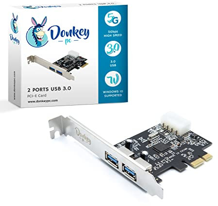 Donkey PC PCI-E auf USB 3.0 Controller-Karte Mit 2 Ports Typ A - Kompatibel Mit PCI-Express X1/X4/X8/X16 Slot