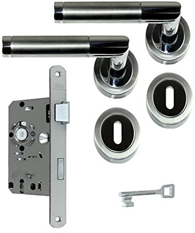 SN-TEC Zimmertür Komplett Set, Design Rosetten Beschlag L-Form (beidseitig Drücker) + Buntbart BB Schloss incl. Schlüssel (DIN Rechts)